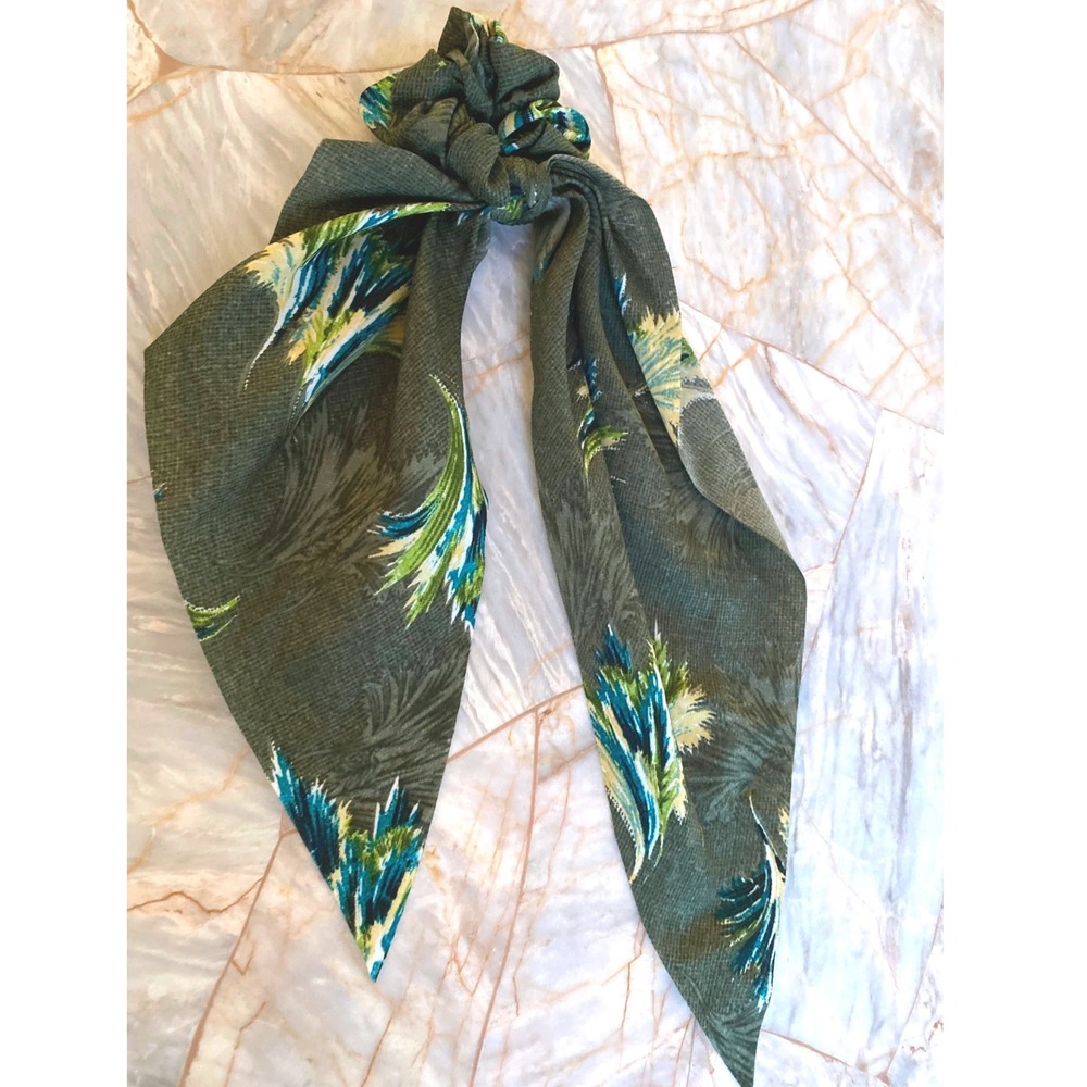Olive Green Tropical Leaf Print Scarf Scrunchie Textured Hair Tie Accessory